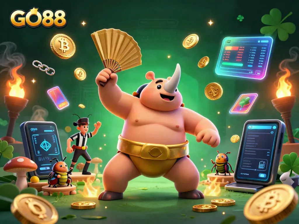 Experience the GO88 gaming excitement with a sumo champion beetle stomping coins amid crypto elements.