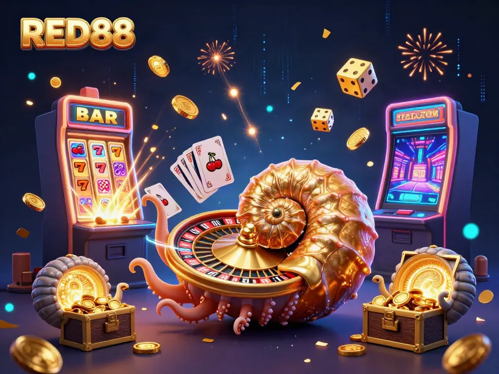 Experience the excitement of RED88 with a vibrant casino-themed illustration featuring a golden influx of gaming elements.