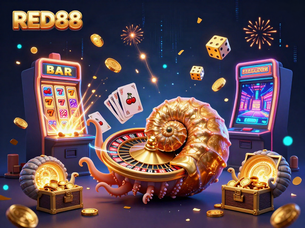 Experience the excitement of RED88 with a vibrant casino-themed illustration featuring a golden influx of gaming elements.