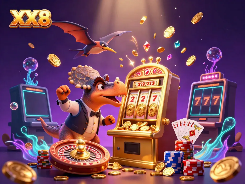 XX8 engages players with a 3D cartoon scene of a pachycephalosaurus hitting a slot machine for jackpots