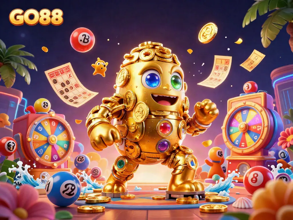 Experience dynamic gaming action with GO88's vibrant 3D scene featuring a golden golem and lottery elements.