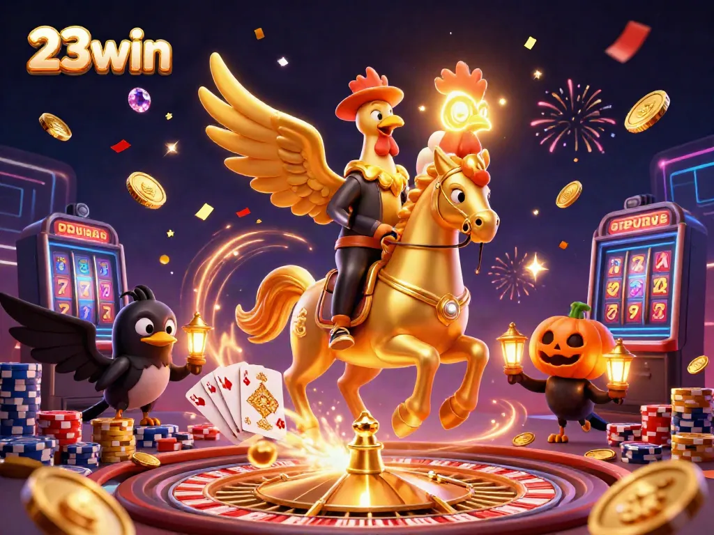 Experience the thrilling action at 23win with golden coins and festive lights in a vibrant casino.