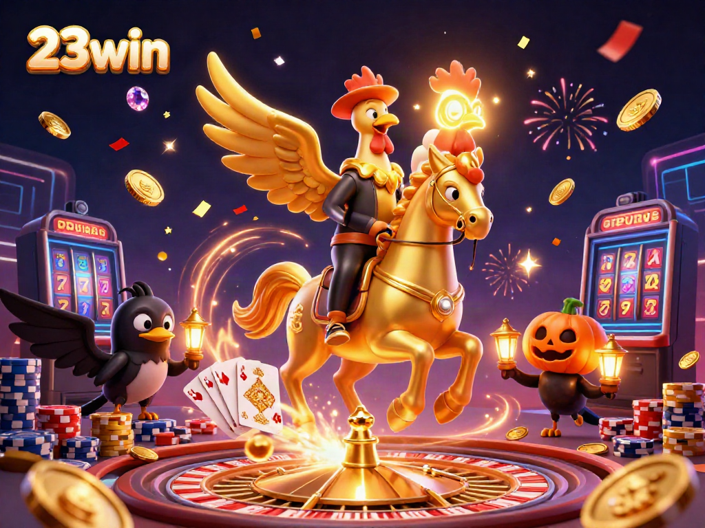 Experience the thrilling action at 23win with golden coins and festive lights in a vibrant casino.