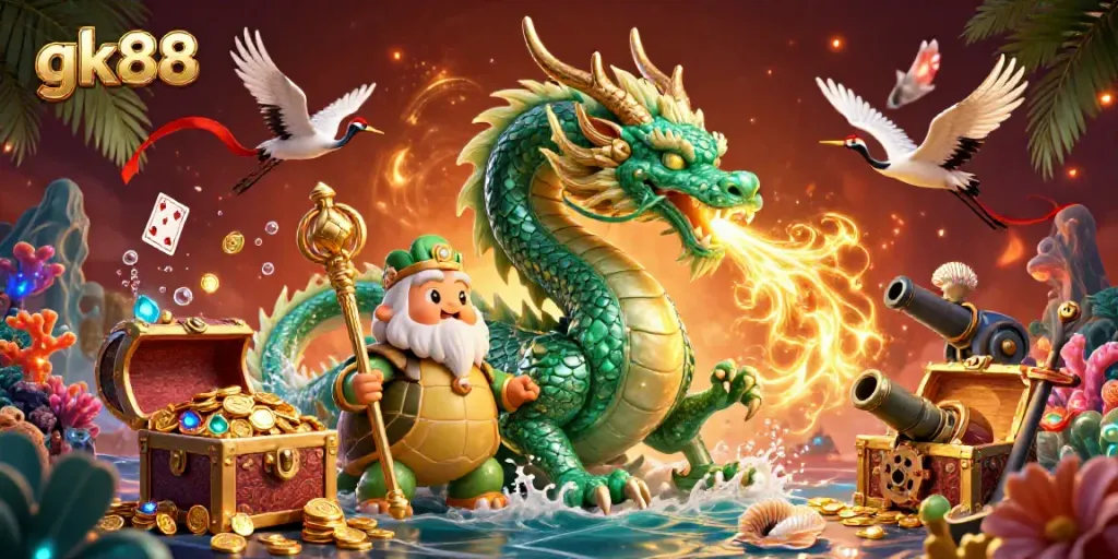 Play at gk88 with an intense dragon-casino scene bursting with golden treasures and magical elements.